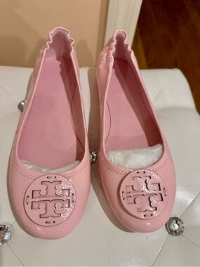 Tory Burch Light Pink Patent Logo Ballet Flats